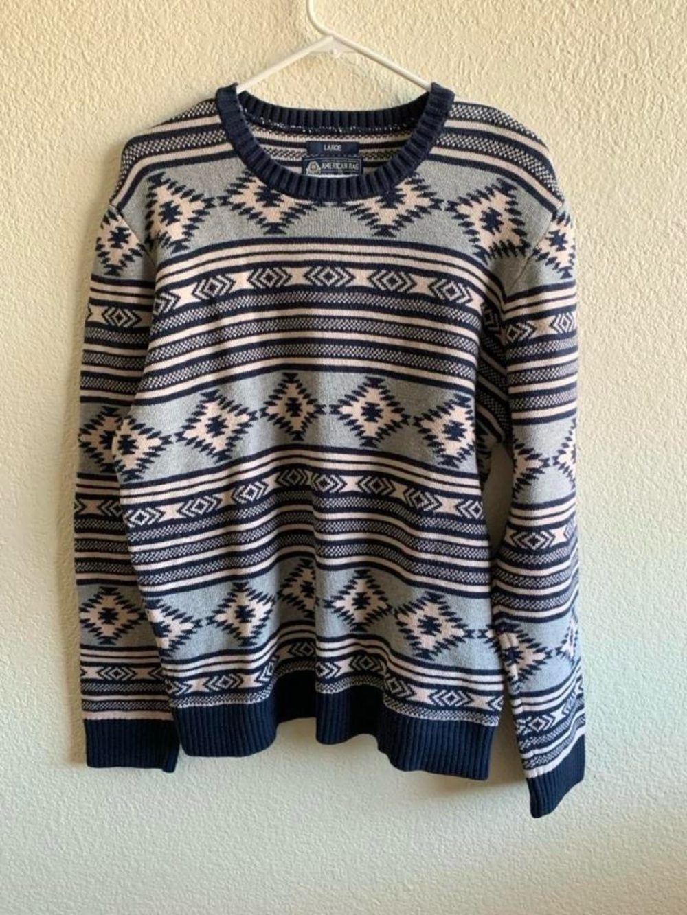 American Rag Cie Men’s Aztec Knit Pullover Sweater Crew Neck Cotton L Blue Retro